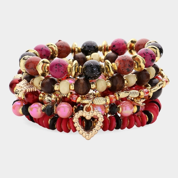 Red Gold Beaded 7 PC Dolphin Heart Charm Metal Stack Stretch Layered Bracelets - Picture 1 of 5